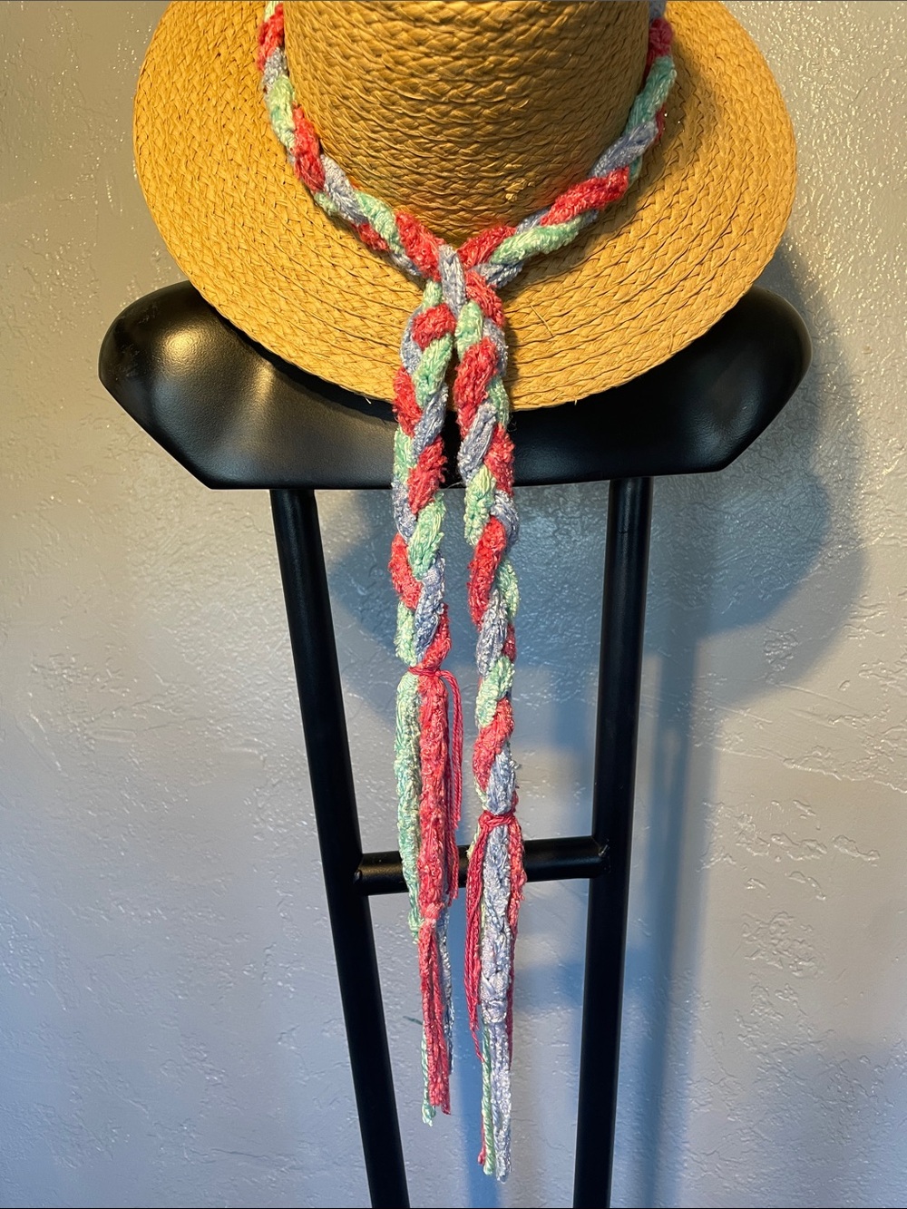 Adjustable braided hat band, hand dyed rayon yarns. Can be worn as neck wrap